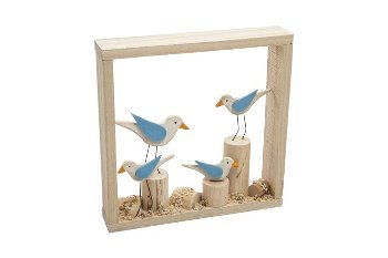 wooden seagulls in woodframe