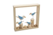 wooden seagulls in woodframe